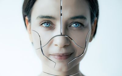 How Close Are We to Transhumanism? photo of a female face marked to appear robotic or not quite human